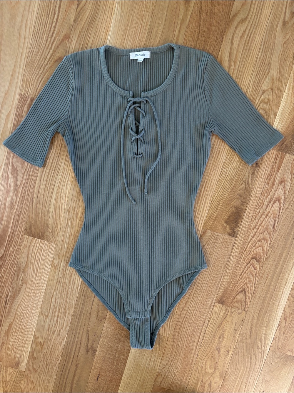 Madewell Olive Ribbed Lace-Up Scoop Bodysuit